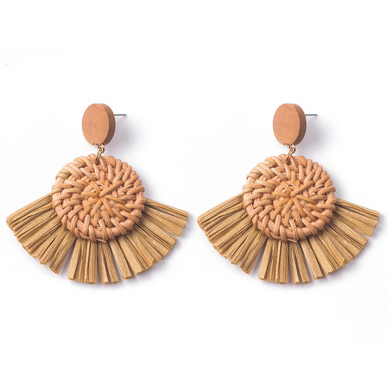 Wholesale Hand-woven Geometric Rattan Raffia Fan Earrings